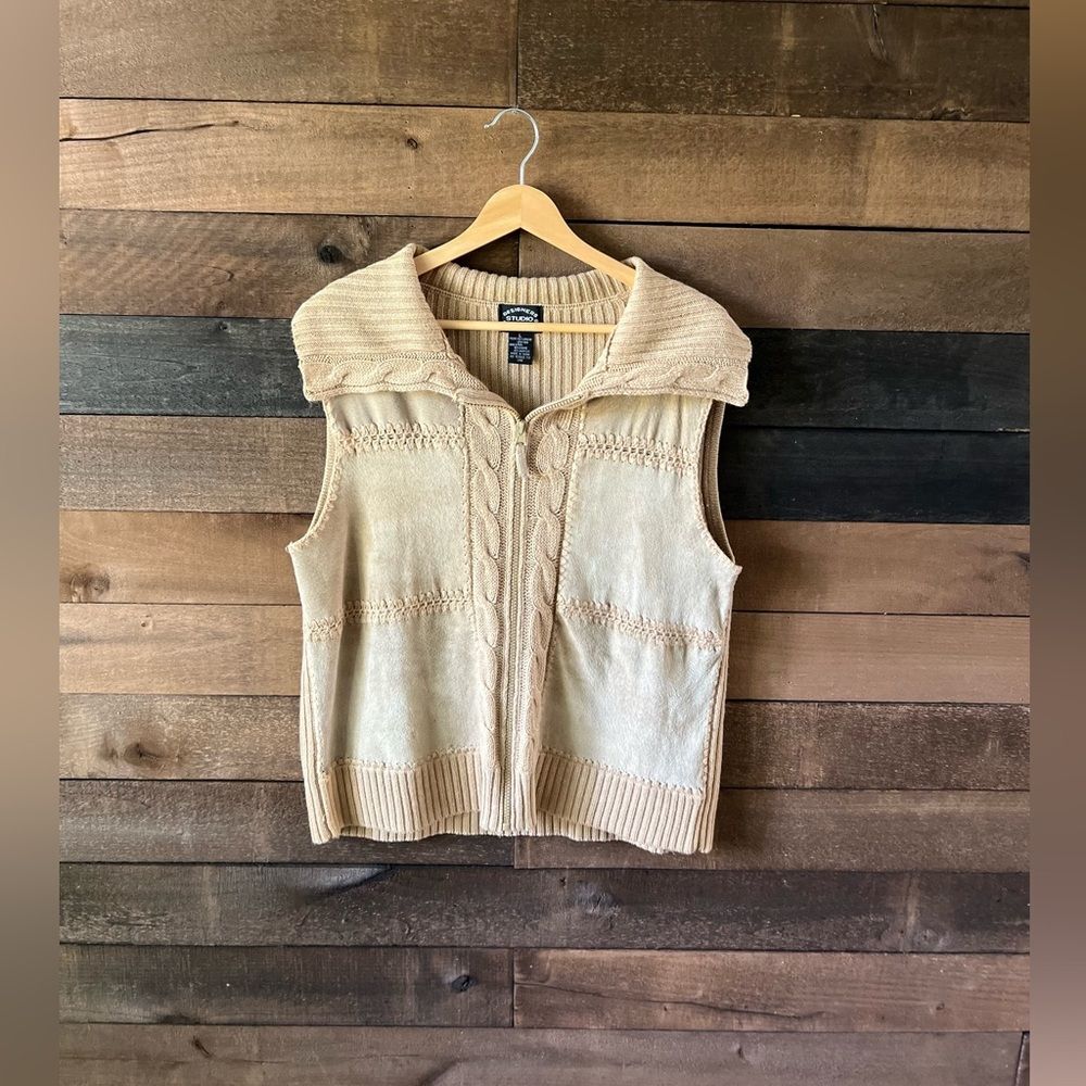 Vintage Tan Genuine Leather & Knit Zip Vest Size L Neutral 90s Y2K Style